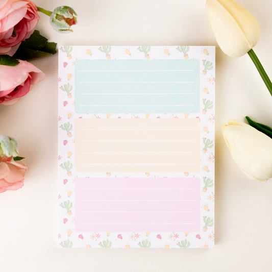 Pastel cactus-themed notepad with three lined sections in mint, yellow, and pink