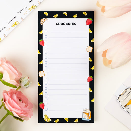 Strawberry-themed black grocery list notepad