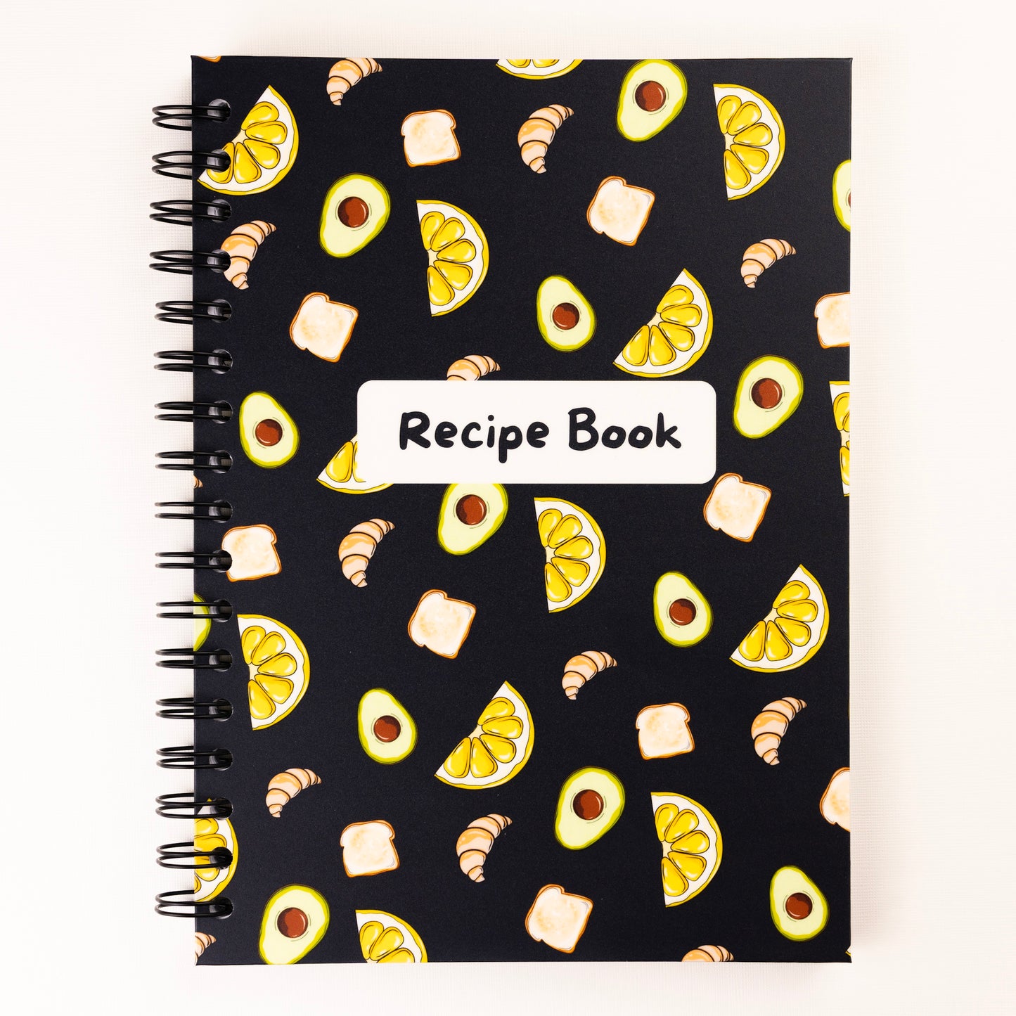 Avocado and lemon themed black recipe book