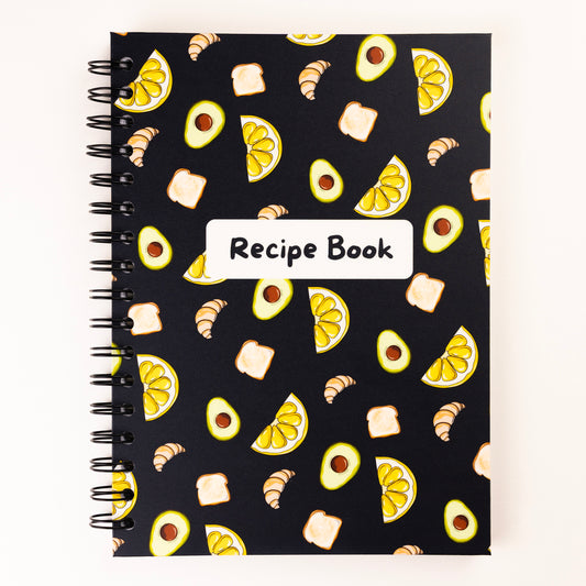Avocado and lemon themed black recipe book
