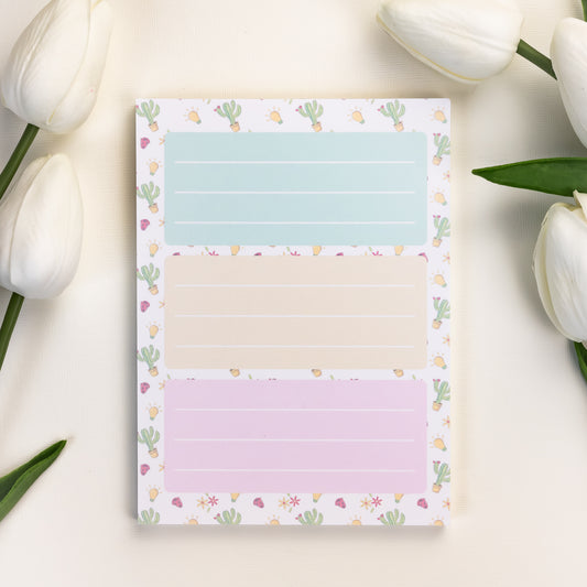 Pastel cactus-themed notepad with three lined sections in mint, yellow, and pink